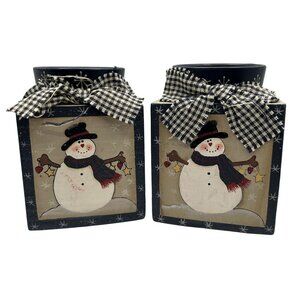 2 Holiday Snowman Frosty Themed Ceramic Wood Candle Holders Gingham Ribbon 5"